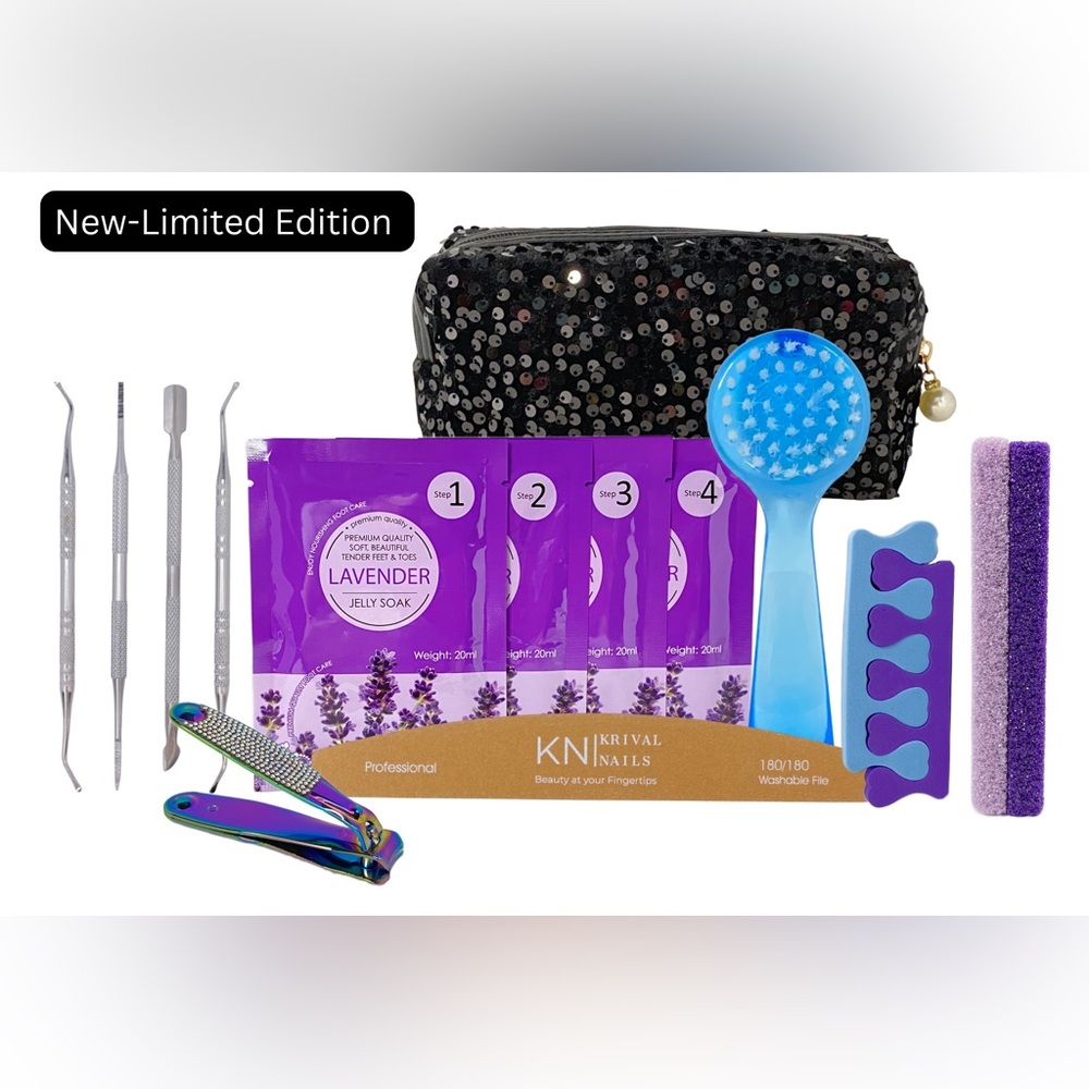 Pedicure Set in Black Velvet Sequins Makeup Bag